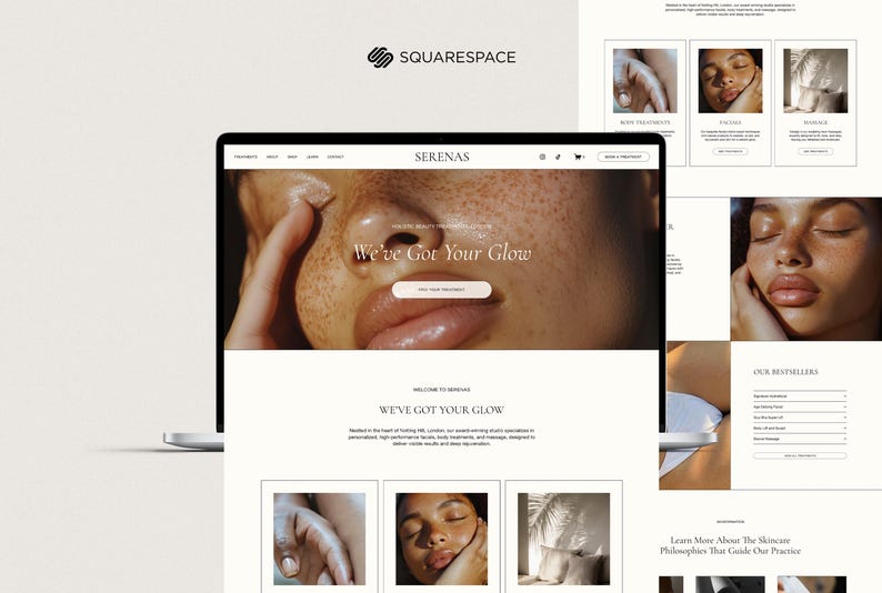 May include: Website homepage for Serenas, a beauty and wellness spa. The website features a close-up photo of a person's face with the text "We've Got Your Glow".
