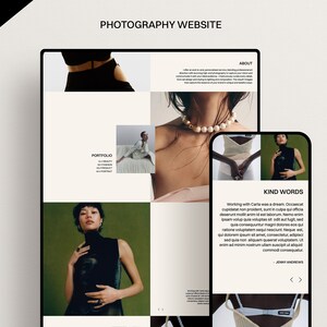 May include: A website design for a photographer, featuring a portfolio section with images of models, a section about the photographer, and a section with testimonials. The website is designed in a minimalist style with a white background and black text.