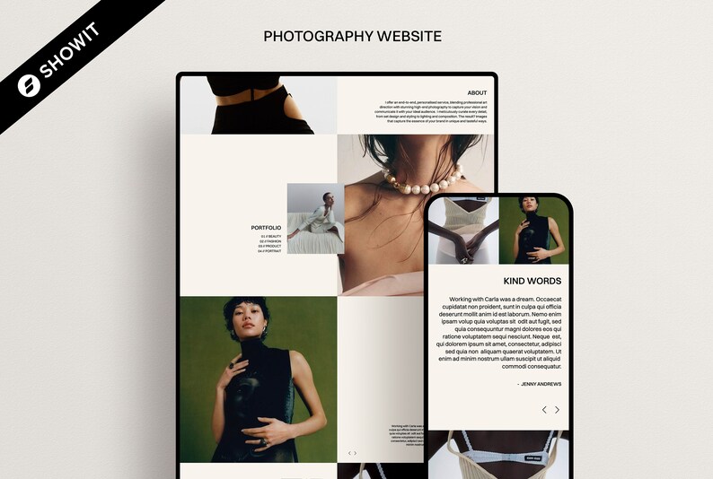 May include: A website design for a photographer, featuring a portfolio section with images of models, a section about the photographer, and a section with testimonials. The website is designed in a minimalist style with a white background and black text.
