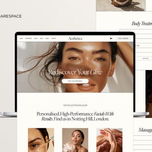 Könnte beinhalten: Eine Website-Startseite für ein Schönheitssalon namens Aesthetica. Die Website zeigt ein Foto einer Frau mit strahlender Haut und den Text "Rediscover Your Glow". Die Website enthält auch eine Beschreibung der Dienstleistungen des Salons, darunter personalisierte, leistungsstarke Gesichtsbehandlungen.