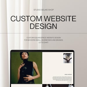 May include: A website design service for small businesses and brands. The image shows a laptop screen with a website mockup featuring a model wearing a black mock neck shirt and a green background. The text "CUSTOM SQUARESPACE WEBSITE DESIGN FOR MODERN SMALL BUSINESSES AND BRANDS. LET'S CHAT!" is displayed on the screen.