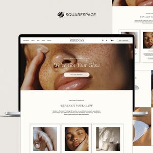 May include: Website homepage for a beauty salon called "Serenas" with the tagline "We've Got Your Glow". The website features images of people receiving beauty treatments and a description of the services offered.