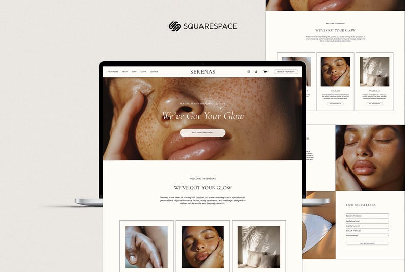 May include: Website homepage for a beauty salon called "Serenas" with the tagline "We've Got Your Glow". The website features images of people receiving beauty treatments and a description of the services offered.