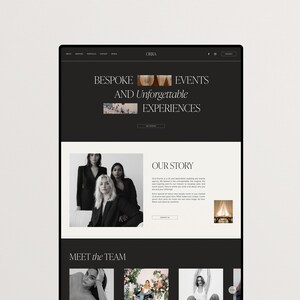 May include: A website homepage for a company called "OBBA" that specializes in bespoke events and unforgettable experiences. The website features images of a team of women, a text description of their story, and a section to meet the team.