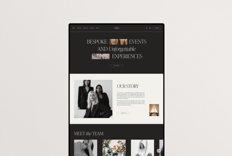 May include: A website homepage for a company called "OBBA" that specializes in bespoke events and unforgettable experiences. The website features images of a team of women, a text description of their story, and a section to meet the team.