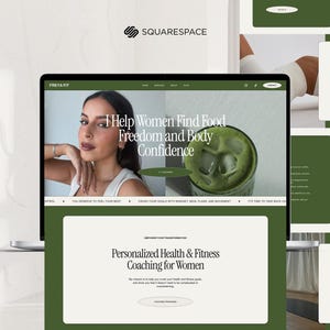 Puede incluir: Una captura de pantalla de un sitio web para un servicio de entrenamiento de salud y fitness para mujeres. El sitio web presenta un fondo verde con una foto de una mujer y un vaso de matcha. El texto en el sitio web dice "Ayudo a las mujeres a encontrar la libertad alimentaria y la confianza en su cuerpo" y "Entrenamiento personalizado de salud y fitness para mujeres".