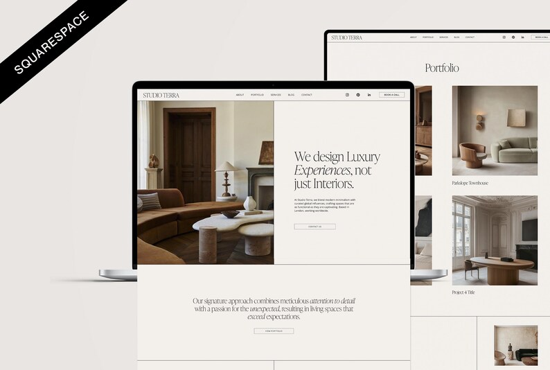Może przedstawiać: Strona gł&oacute;wna witryny internetowej Studio Terra, firmy zajmującej się projektowaniem wnętrz. Strona zawiera zdjęcie nowoczesnego salonu z zakrzywioną sofą, stolikiem kawowym i kominkiem. Tekst na stronie brzmi: "Projektujemy luksusowe doświadczenia, a nie tylko wnętrza." i "Nasze charakterystyczne podejście łączy skrupulatną dbałość o szczeg&oacute;ły z pasją do niespodzianek, co skutkuje przestrzeniami mieszkalnymi, kt&oacute;re przekraczają oczekiwania."