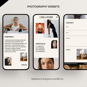 May include: A mobile website design for a photographer named Carla Adams. The website features a portfolio, contact form, and information about portrait photography services. The website is optimized for mobile devices.
