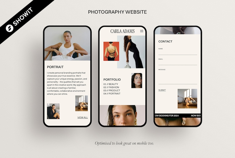 May include: A mobile website design for a photographer named Carla Adams. The website features a portfolio, contact form, and information about portrait photography services. The website is optimized for mobile devices.