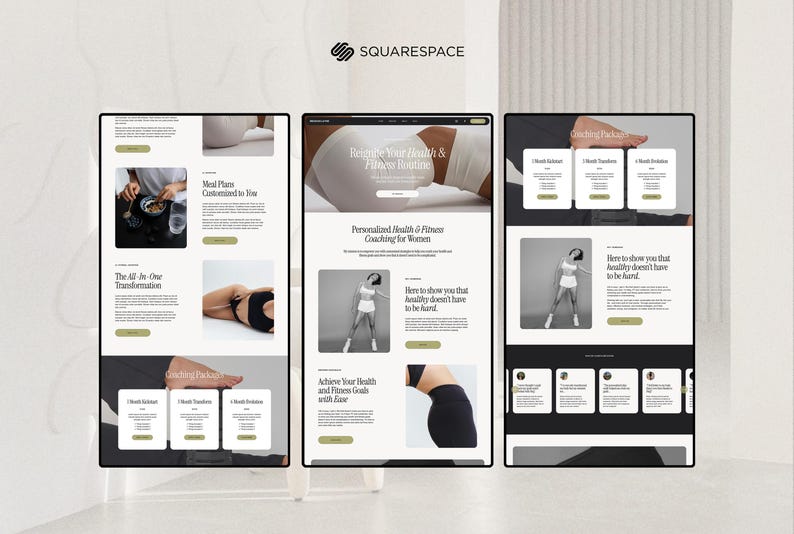 May include: Three website mockups showcasing health and fitness coaching. The websites feature images of women, text, and a Squarespace logo. The websites' content includes meal plans, coaching packages, and fitness routines.