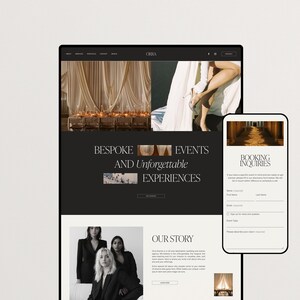 May include: A website screenshot showing a black and white website design with the text "BESPOKE LUXURY EVENTS AND Unforgettable EXPERIENCES" and a photo of a wedding reception with white drapes and candles. The website also has a section called "OUR STORY" and a photo of three women. The website also has a mobile version with a form for booking inquiries.