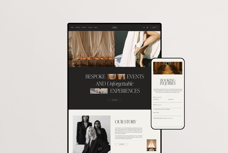May include: A website screenshot showing a black and white website design with the text "BESPOKE LUXURY EVENTS AND Unforgettable EXPERIENCES" and a photo of a wedding reception with white drapes and candles. The website also has a section called "OUR STORY" and a photo of three women. The website also has a mobile version with a form for booking inquiries.