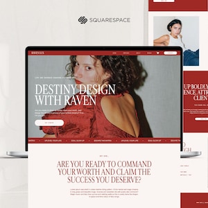 May include: A laptop displaying a website design with a red and white color scheme. The website features the text "Destiny Design with Raven" and other content. The Squarespace logo is visible.