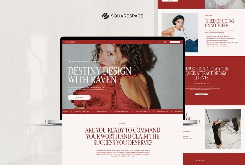 May include: A laptop displaying a website design with a red and white color scheme. The website features the text "Destiny Design with Raven" and other content. The Squarespace logo is visible.