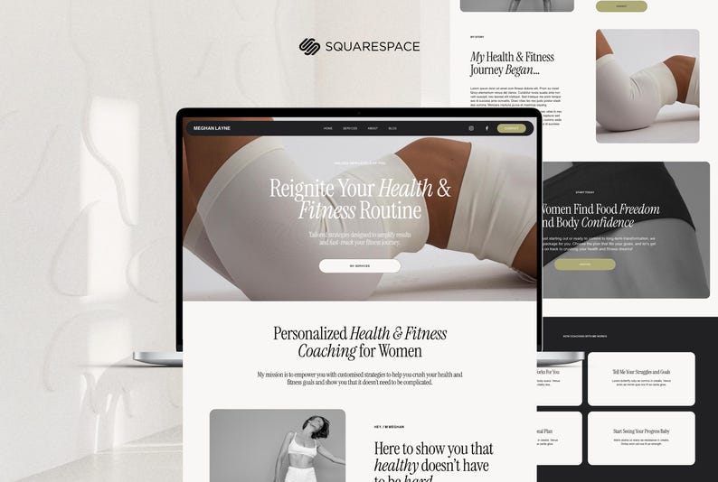 May include: A laptop screen displays a website with the text "Reignite Your Health & Fitness Routine." The website promotes personalized health and fitness coaching. Additional screens show related content, including the Squarespace logo and the phrase "My Health & Fitness Journey Began..."