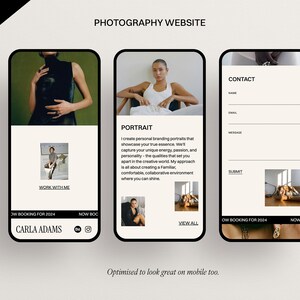 May include: A mobile website mockup for a photography business. The website features a portrait photography service, a contact form, and a "Work With Me" section. The website is optimized for mobile devices.