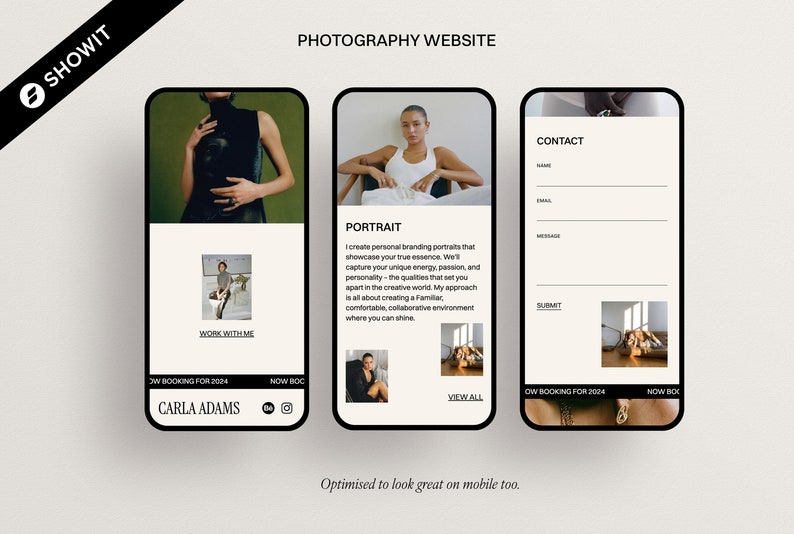 May include: A mobile website mockup for a photography business. The website features a portrait photography service, a contact form, and a "Work With Me" section. The website is optimized for mobile devices.