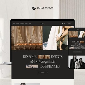 May include: A website homepage for OBRA, a company that specializes in bespoke events and unforgettable experiences. The website features images of a luxurious event space with draped fabric and a table setting, as well as a couple dancing. The website also includes the text "BESPOKE EVENTS AND Unforgettable EXPERIENCES".