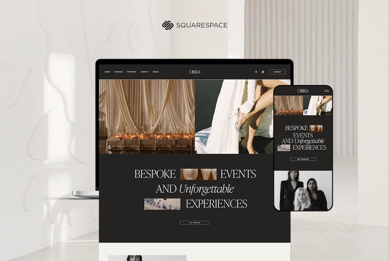 May include: A website homepage for OBRA, a company that specializes in bespoke events and unforgettable experiences. The website features images of a luxurious event space with draped fabric and a table setting, as well as a couple dancing. The website also includes the text "BESPOKE EVENTS AND Unforgettable EXPERIENCES".
