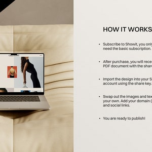 May include: A laptop computer displaying a website with the text "Showit" and a fashion magazine layout with images of models. The text "HOW IT WORKS" is visible on the right side of the image.