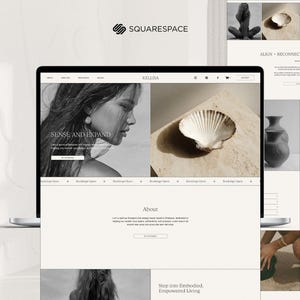 May include: A laptop screen shows a website with a clean, minimalist aesthetic. The site includes a black and white image of a woman, a seashell, and the words "SENSE AND EXPAND". The Squarespace logo is visible, along with other images and text.