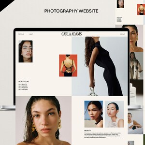 May include: A photography website for Carla Adams, featuring a portfolio of beauty, fashion, and portrait photography. The website has a clean and modern design with a white background and black text. The website also includes a contact page.