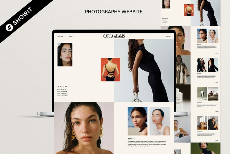 May include: A photography website for Carla Adams, featuring a portfolio of beauty, fashion, and portrait photography. The website has a clean and modern design with a white background and black text. The website also includes a contact page.