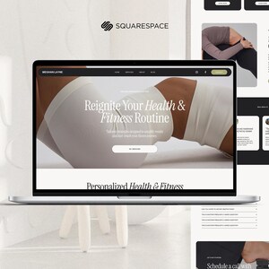 May include: A laptop displays a website promoting health and fitness. The screen shows the text "Reignite Your Health & Fitness Routine" with an image of a person in white athletic wear. Additional website pages are visible.