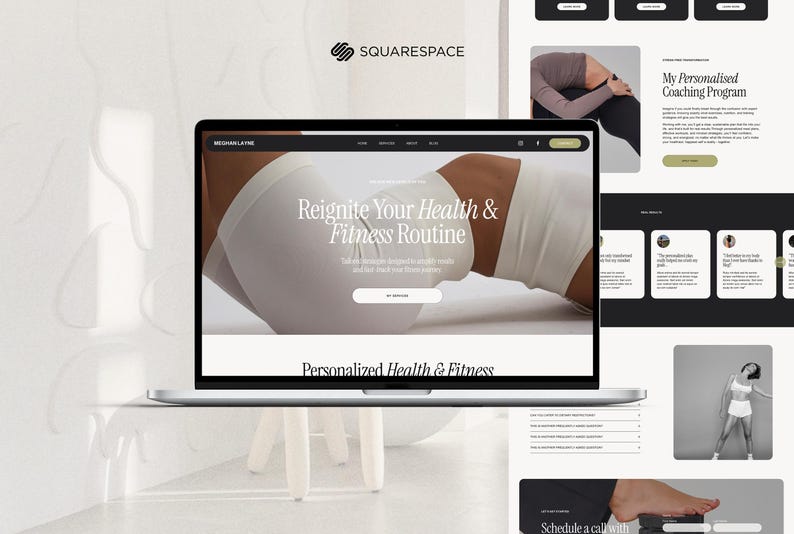 May include: A laptop displays a website promoting health and fitness. The screen shows the text "Reignite Your Health & Fitness Routine" with an image of a person in white athletic wear. Additional website pages are visible.