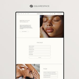 May include: A website for a spa called "Serenas" offering bespoke facials with results. The website features a photo of a woman receiving a facial, a list of facial services, and a section with frequently asked questions.