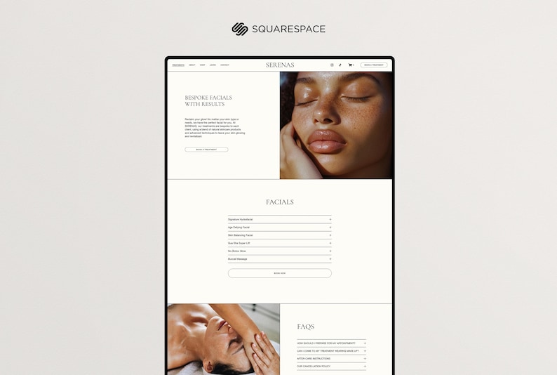 May include: A website for a spa called "Serenas" offering bespoke facials with results. The website features a photo of a woman receiving a facial, a list of facial services, and a section with frequently asked questions.