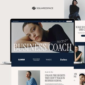 Op de afbeelding: Een laptopscherm toont een website-ontwerp met een afbeelding van een vrouw en de woorden "BUSINESS COACH". Extra website-secties bevatten tekst zoals "SCALE SO FAST IT FEELS LIKE CHEATING?" en "UNLOCK THE SECRETS THEY DON'T TEACH IN BUSINESS SCHOOL."
