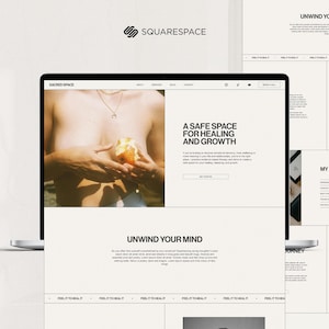Könnte beinhalten: Ein Screenshot einer Website mit dem Text "Sacred Space" und "Ein sicherer Raum zum Heilen und Wachsen". Die Website ist in Schwarzweiß gestaltet und zeigt ein Foto einer Person, die eine Frucht hält.