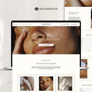 May include: Website homepage for a spa called "Serenas" with the tagline "We've Got Your Glow". The website features a close-up photo of a person's face with a soft, natural glow. The website also includes a section for facials and body treatments.