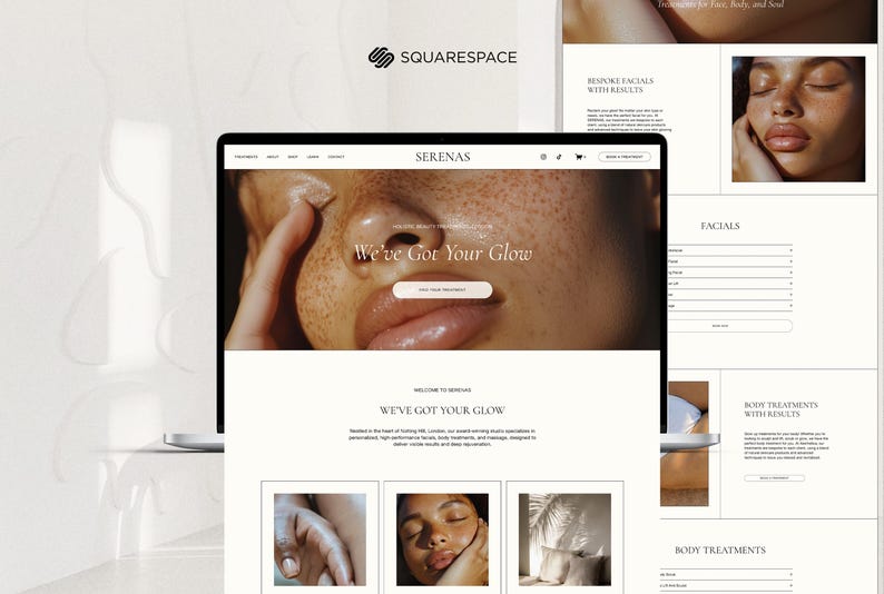 May include: Website homepage for a spa called "Serenas" with the tagline "We've Got Your Glow". The website features a close-up photo of a person's face with a soft, natural glow. The website also includes a section for facials and body treatments.