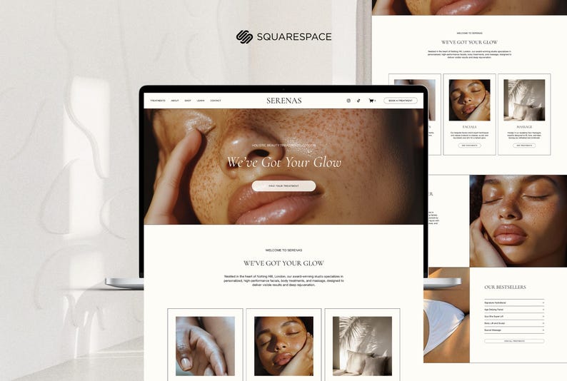 May include: A website homepage for a beauty salon called "Serenas" with the tagline "We've Got Your Glow". The website features images of people receiving beauty treatments and a call to action to book an appointment.