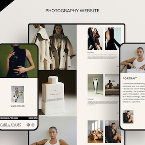 May include: A website for a photographer showcasing their work in fashion, portrait, and product photography. The website features a clean and modern design with a white background and black text. The photographer's name, Carla Adams, is displayed at the bottom of the page.