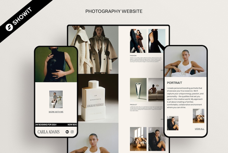 May include: A website for a photographer showcasing their work in fashion, portrait, and product photography. The website features a clean and modern design with a white background and black text. The photographer's name, Carla Adams, is displayed at the bottom of the page.