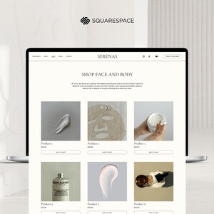 May include: A website screenshot showing a collection of skincare products. The products are displayed in a grid format with images and descriptions. The website is titled "SHOP FACE AND BODY" and is from the brand "SERENAS".
