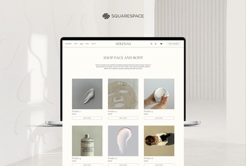 May include: A website screenshot showing a collection of skincare products. The products are displayed in a grid format with images and descriptions. The website is titled "SHOP FACE AND BODY" and is from the brand "SERENAS".