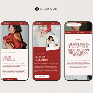 May include: Three mobile phone screens displaying a website design. The first screen shows a woman in a red top, the second screen promotes an online course, and the third screen asks "Are you ready to command your worth?"