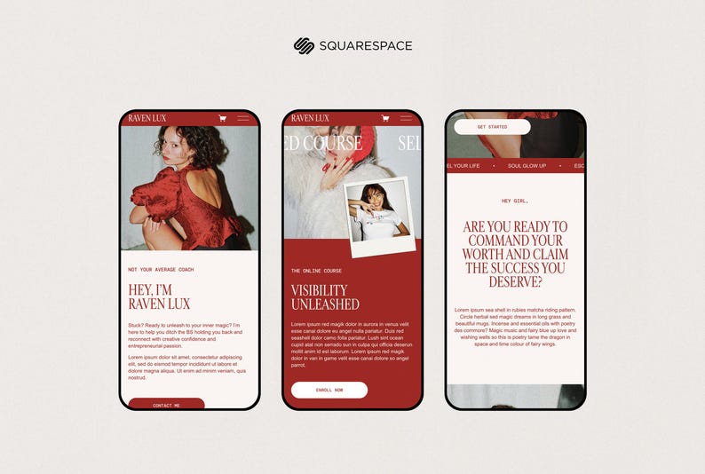 May include: Three mobile phone screens displaying a website design. The first screen shows a woman in a red top, the second screen promotes an online course, and the third screen asks "Are you ready to command your worth?"