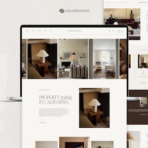 May include: A website design promoting property styling in California. The site displays interior design images, a home stylist's profile, and a Squarespace logo. The colour scheme is neutral with brown and beige tones.