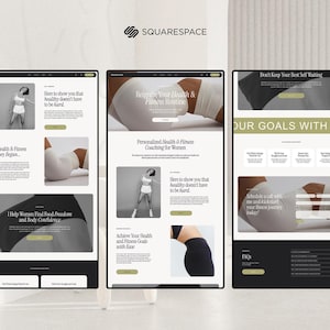 May include: Three website mockups on a light background. The websites feature images of women in athletic wear, with text including "Personalized Health & Fitness Coaching for Women" and "Your Goals With Mind". The Squarespace logo is at the top.