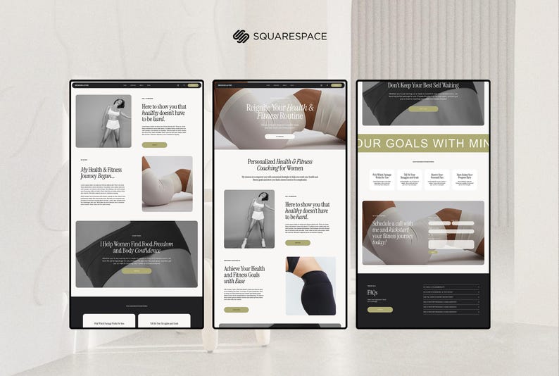 May include: Three website mockups on a light background. The websites feature images of women in athletic wear, with text including "Personalized Health & Fitness Coaching for Women" and "Your Goals With Mind". The Squarespace logo is at the top.