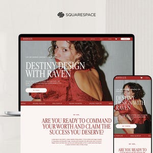 May include: A laptop and smartphone display a website design. The website features a woman in a red dress, with the text "Destiny Design with Raven." The website's call to action is "Get Started."