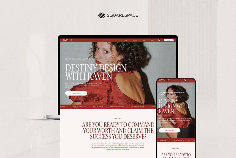 May include: A laptop and smartphone display a website design. The website features a woman in a red dress, with the text "Destiny Design with Raven." The website's call to action is "Get Started."