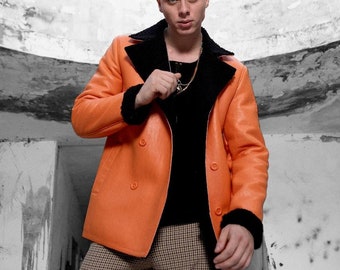 Men's Orange Waterproof Leather Jacket, Fur Lined Winter Coat
