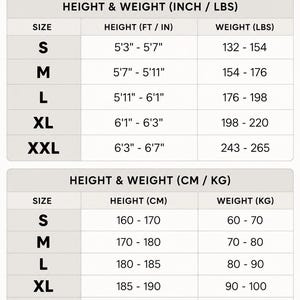 May include: A size guide chart with the heading SIZE GUIDE and the subheading Find your recommended size based on height and weight. It includes two tables showing sizes S through XXL with corresponding height and weight ranges in inches, lbs, cm, and kg.