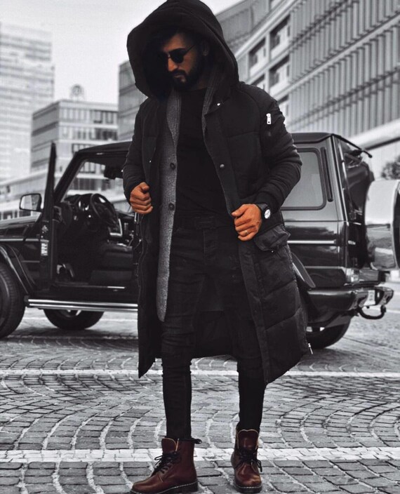 Gangster Style Long Jackets Long Matte Black Parka Coat With Zipper Hoodie Embroidered Black Coat Black Friday Sale Blackfriday Etsy Australia